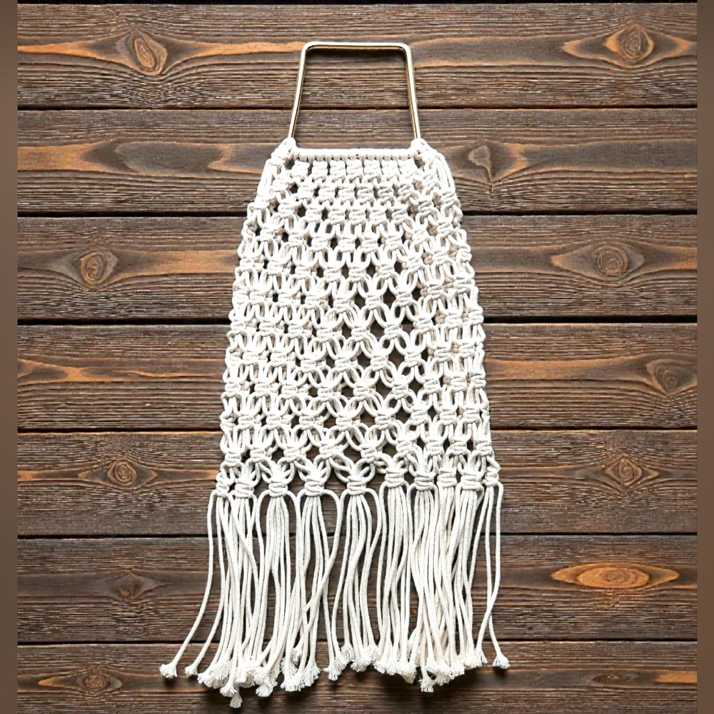 Macrame Fringed Clutch Hand Bag Ivory Metal Handle Boho Hippie Beach Woven Purse - Picture 2 of 8